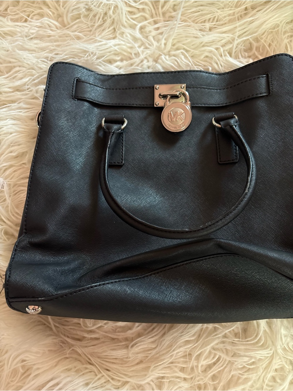 Michael Kors Hamilton Large Saffiano Leather Tote Bag Black Silver Hardware - Picture 3 of 9